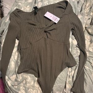 Wild Fable Olive Ribbed Twist Bodysuit